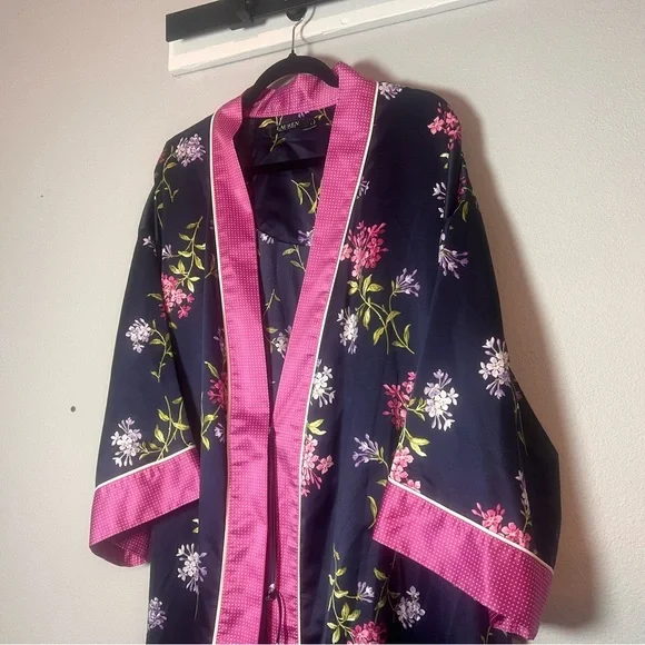 Lauren Ralph Lauren Floral Robe Kimono Navy Blue Floral Pink Size Large No Belt - Picture 2 of 11